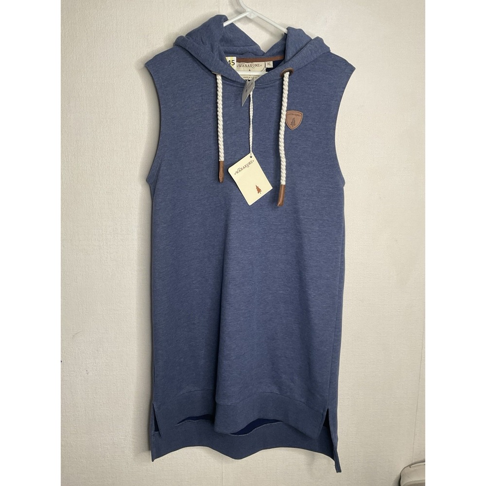 Wanakome Indigo Blue Hooded Pullover Sweatshirt Dress Rope String Womens XL Hood